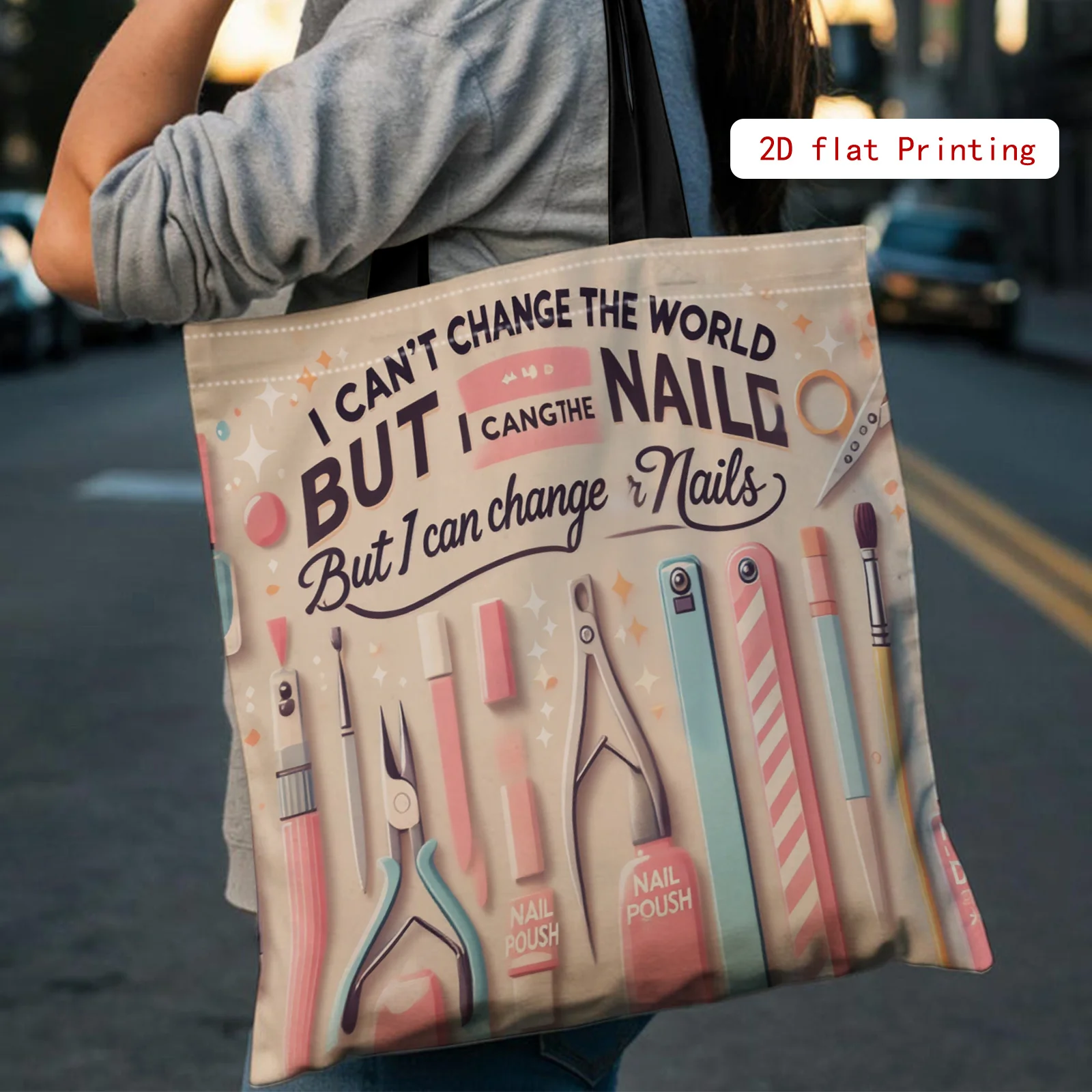 1pc Tote Bag with 2D Flat Effect, Korean-Style Gentle Nail Art Tools Fun Text Print Pattern Tote Bag, Large Capacity, Suitable f