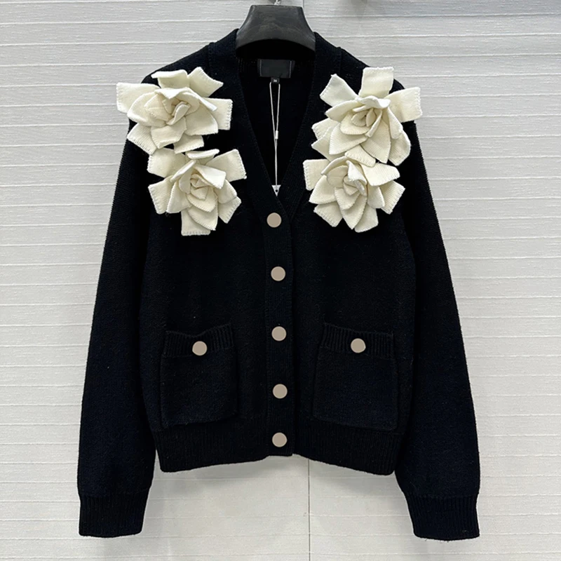 

SVORYXIU осень зима новый стиль трехмерный вязаный кардиган с элементом камелии женский модный черный кардиган
