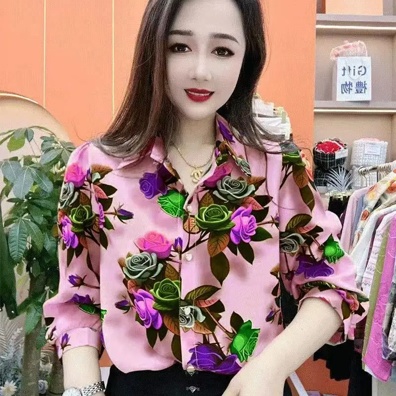 Women\'s Summer Printed New Style Temperament Seven Quarter Sleeved Shirt Loose and Slimming Fashionable and Stylish Shirt