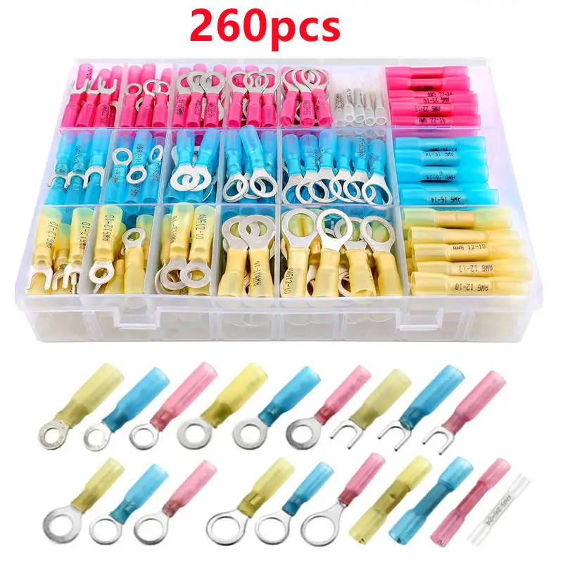 

260 шт. морские термоусадочные кольцевые соединители, термоусадочные соединители для проводов, луженые красные медные изолированные кольцевые обжимные клеммы