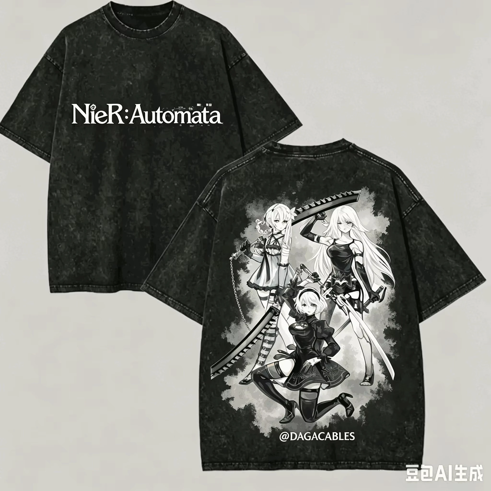 

2026 Automata Washed T-shirt Anime Lover Harajuku New Model Oversized Vintage Loose Classic Unisex Streetwear soft high quality