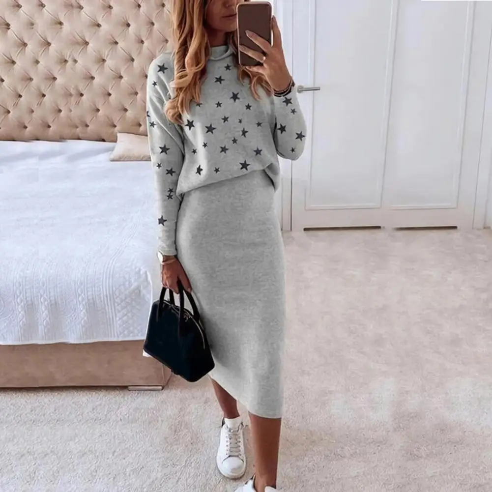 1 Set Blouse Skirt Five-pointed Star Print High Waist Autumn Winter Bodycon Pencil Skirt Suit Office Lady Outfit Streetwear