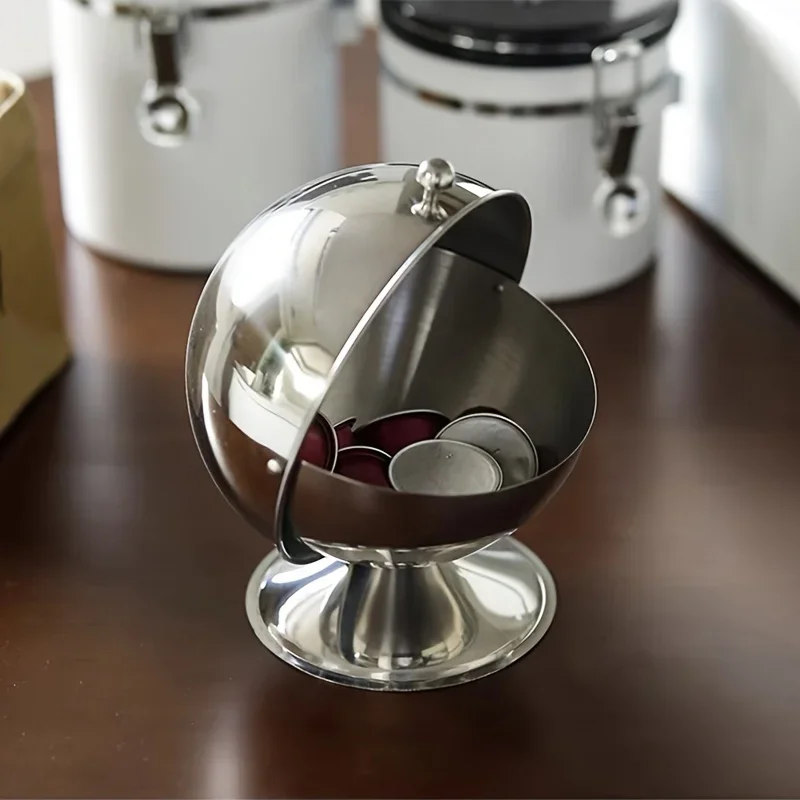 

Stainless Steel Sphere Storage Jar with Flip-Top Lid - Modern Round Desktop Organizer for Kitchen, Home, or Office