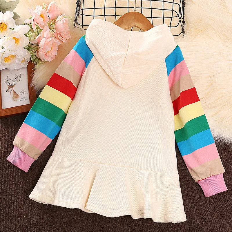 New Girls Dress Autumn Spring Long Sleeve Rainbow Striped Princess Dresses Daily Casual Cute Skirt For Kids Children Clothing