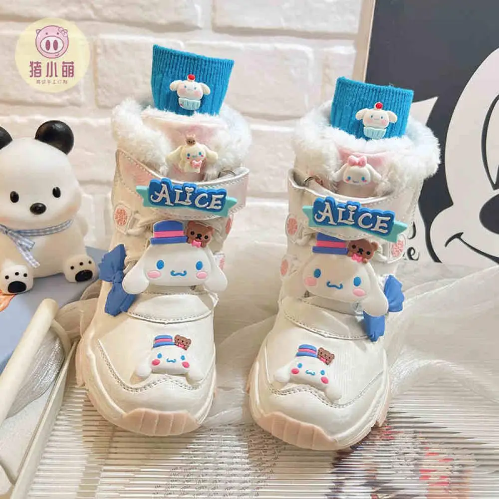 Cinnamoroll sepatu bot salju putih anak-anak Anime Sanrio sepatu bot pendek antiselip wajah kulit lucu bot Natal Anak perempuan tahan air hangat