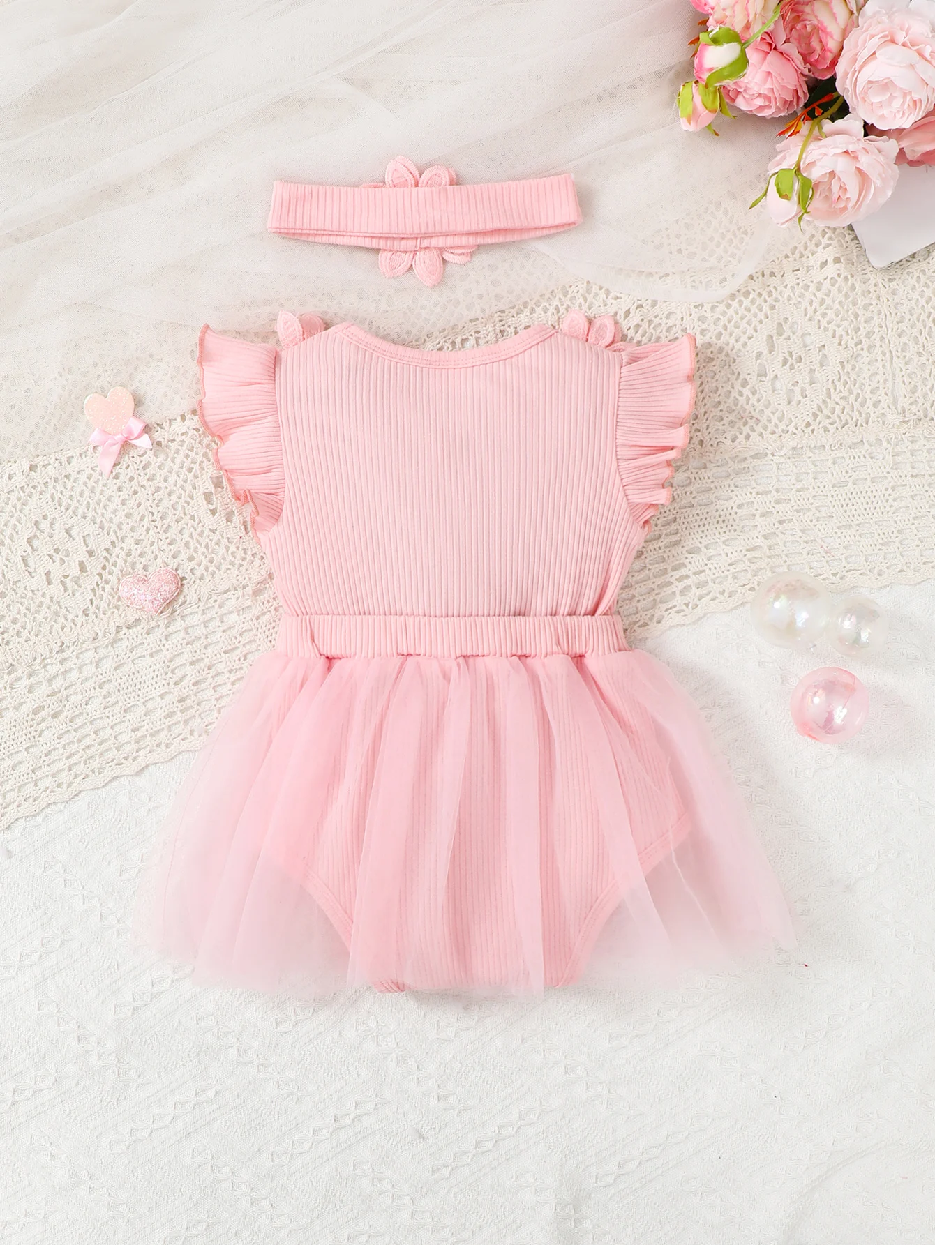 0-18 Months Newborn Baby Girl Bodysuit Beautiful Flower Bow Chiffon Jumpsuit+Headband 2Pcs/Set for Baby Summer Fashion Jumpsuit