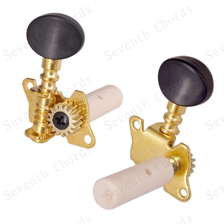 A Set 3R3L Gold Open Gear Classical Guitar String Tuners Tuning Pegs Keys Machine Heads - Black Small Oval Button