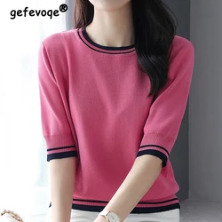 Women's Clothing 2024 Summer Fashion Contrast Color Elegant Sweet Knitted T-shirts Casual O Neck Half Sleeve Loose Pullover Tops