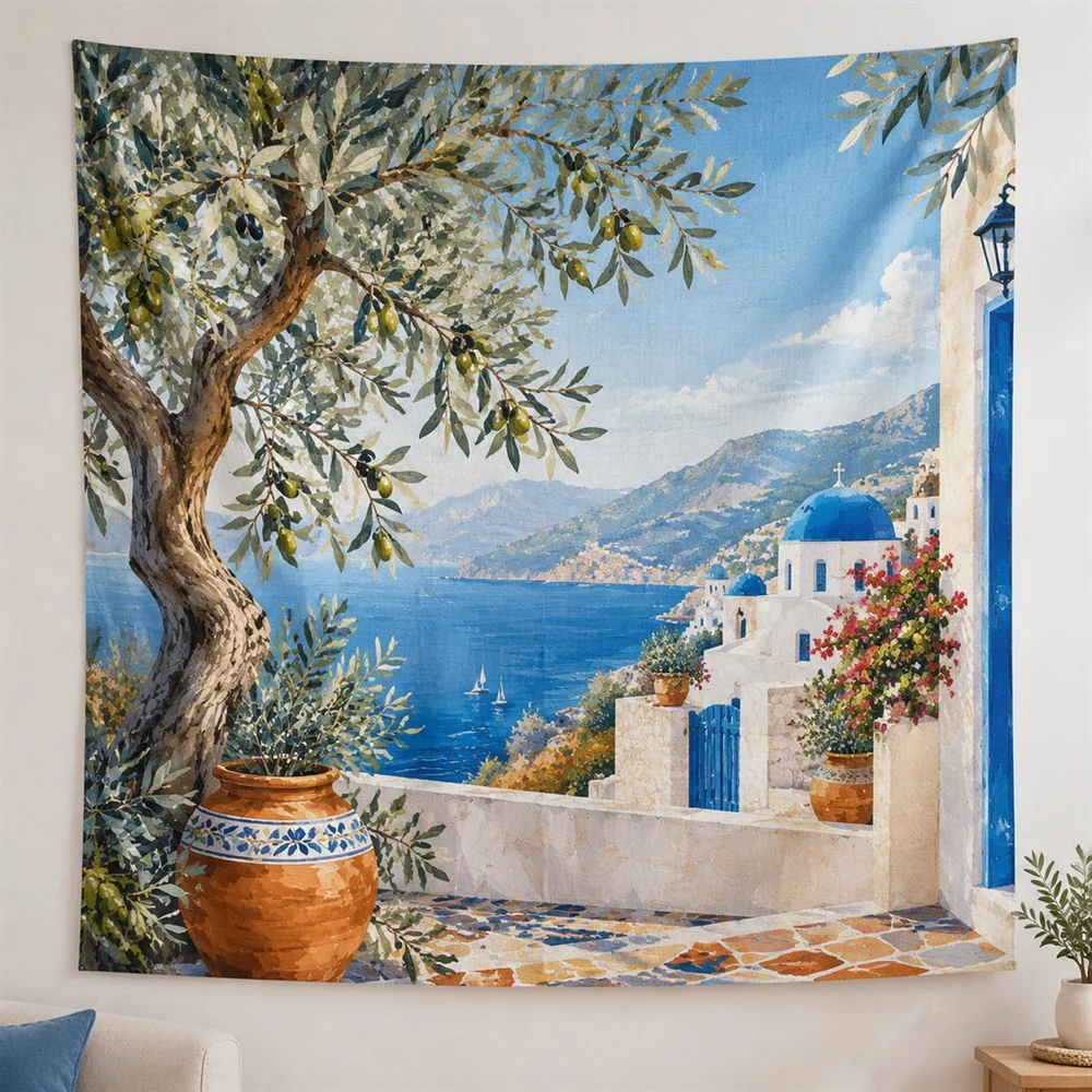 VIKAMA Olive Tree Grove Diagonal Flow Tapestry Wall Hanging, Mediterranean Wall Art Tapestries for Bathroom Bedroom Living Room
