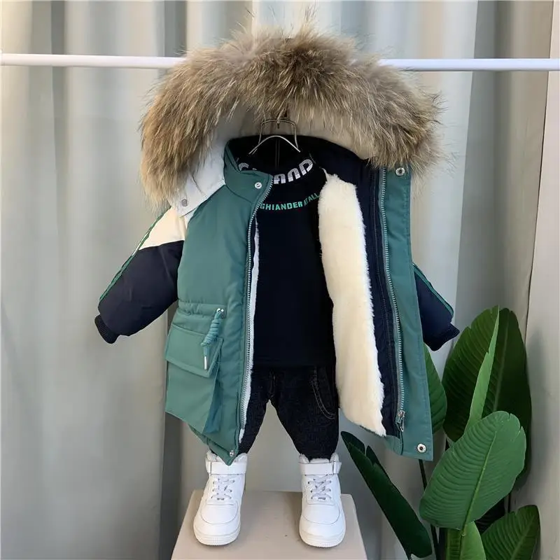 Winter Boys Warmth Fleece Lined Drawstring Detachable Fur Hood Snow Jackets Child Therme Parka Kids Outfit Top Coats 1-11 Years