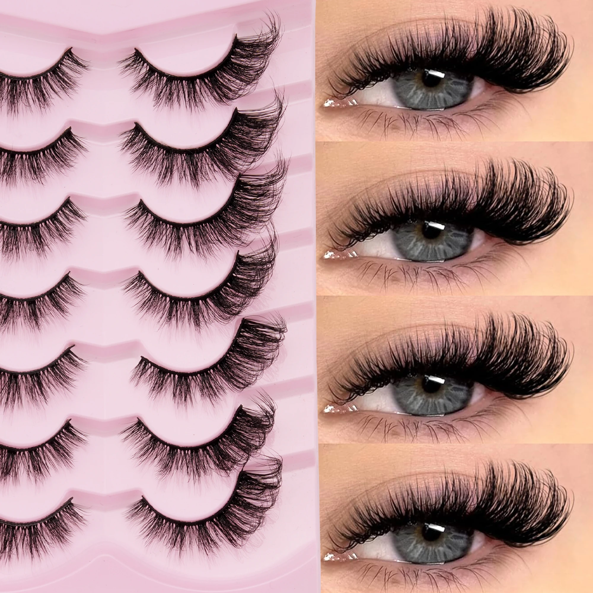 7 Pairs 3D Fluffy Cat Eye False Eyelashes Faux Mink Winged Lashes Soft Band Reusable Fake Eyelashes Daily Party Eye Makeup