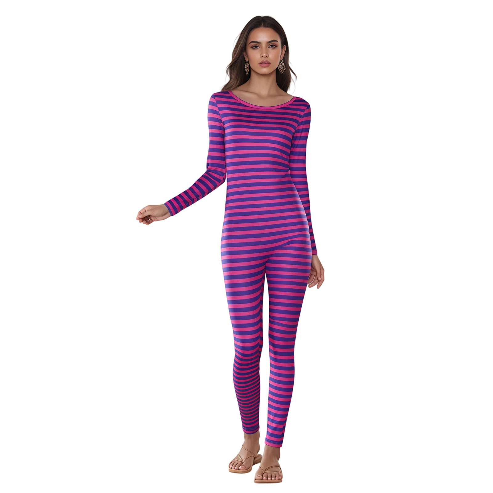 Women s Striped Jumpsuit Pajama Fashionable Round Neck Long Sleeve Soft Sleepwear