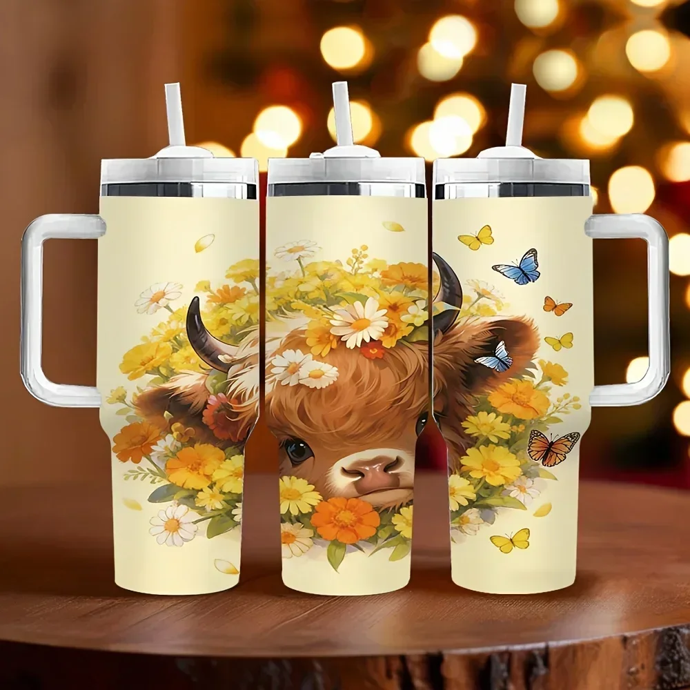 40oz Tumbler with Handle, Features Cute Highland Cow with Flowers And Butterflies Print, Long Lasting Insulated, Ideal As Holiday Birthday Gift for Daily Use And Outdoor Activities