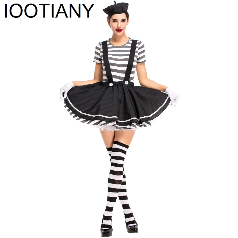 Sexy Funny Circus Clown Costume Adult Women Mesmerizing Mime Cosplay Costume Women For Halloween Party Fancy Dress With stocking