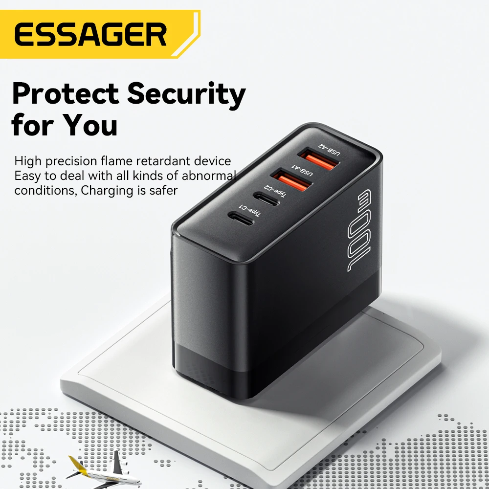 ESSAGER GaN Charger 100W USB Type C PD Fast Charger with Quick Charge 4.0 3.0 USB Phone Charger For MacBook Laptop iPhone 15 14