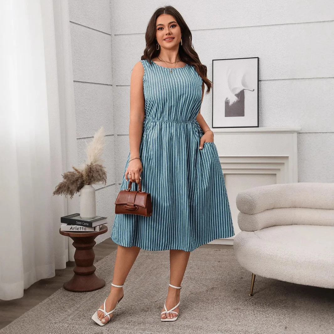 

Fashionable Casual Stripe Sleeveless Pocket Women's Dress Spring Summer High Waist A-Line Skirt Polyester Fiber Thickened