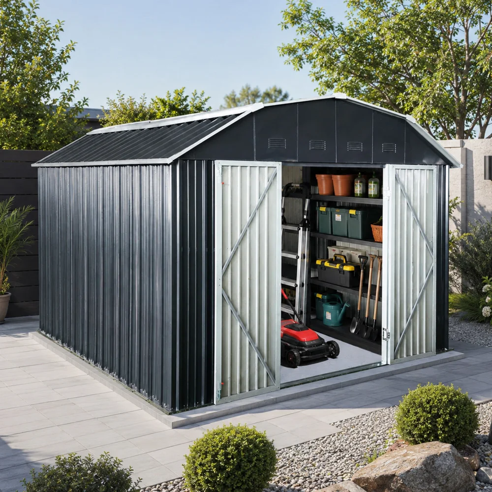 10 ft x 12 ft Outdoor Metal Storage Shed with Arch Roof with Lockable Doors for Backyard Garden Patio Lawn, Black