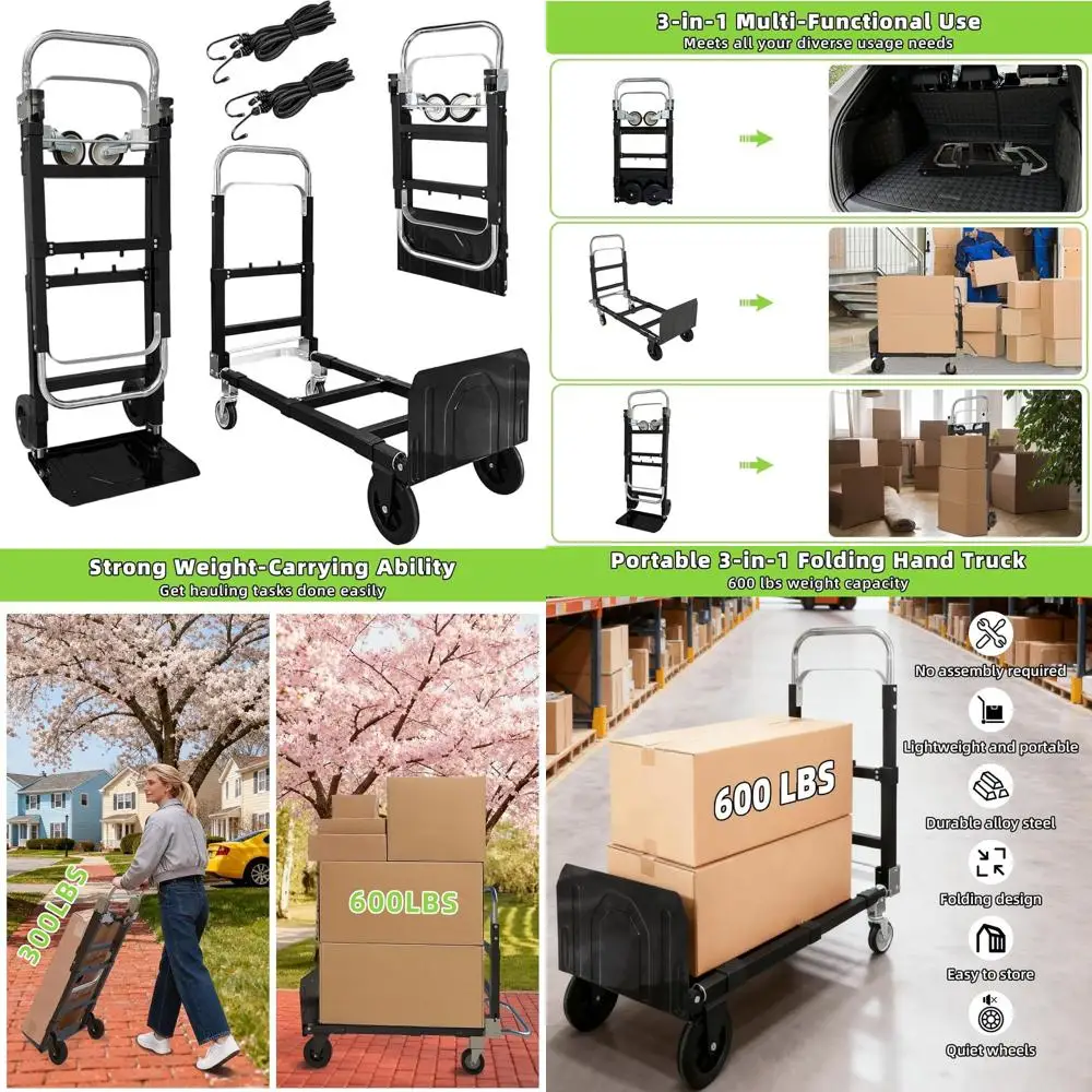

Collapsible 3-in-1 Hand Truck with 600 lbs Capacity, Retractable Handle, Rubber Wheels for Home, Office, and Warehouse Use