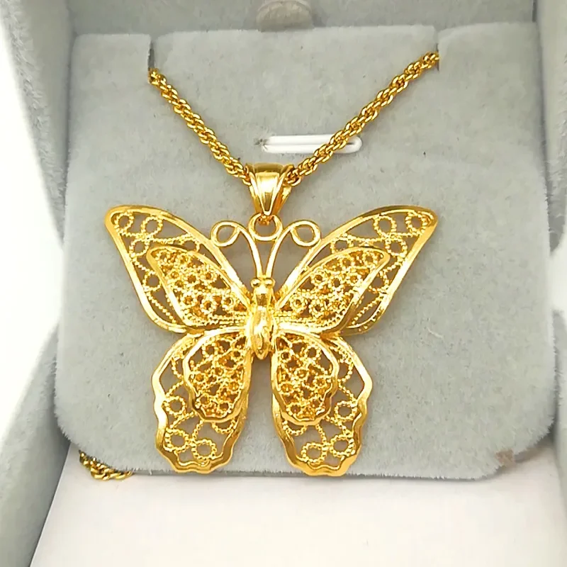 Real 18k Golden Color Butterfly Pendant for Women Necklace Necklaces Chain Wedding Engagement Fine Jewelry Not fade