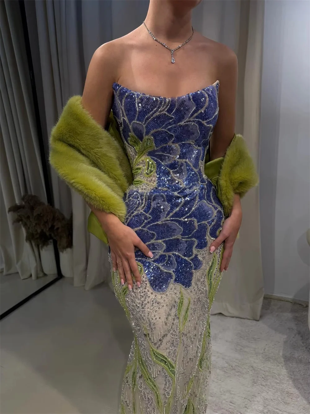 Amanda Customized  Strapless Floral Beaded Mermaid Dress Prom gown Sequin Embroidered Floor‑length Sequin vestidos de noche 2026
