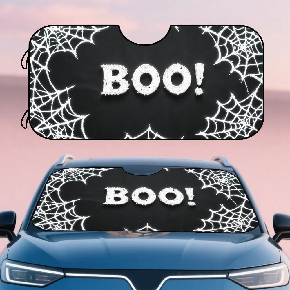 1pc, Car Sunshade With Halloween Boo Spiderweb Spooky Theme Halloween Print, Foldable And Lightweight, Ideal For Long Drives In
