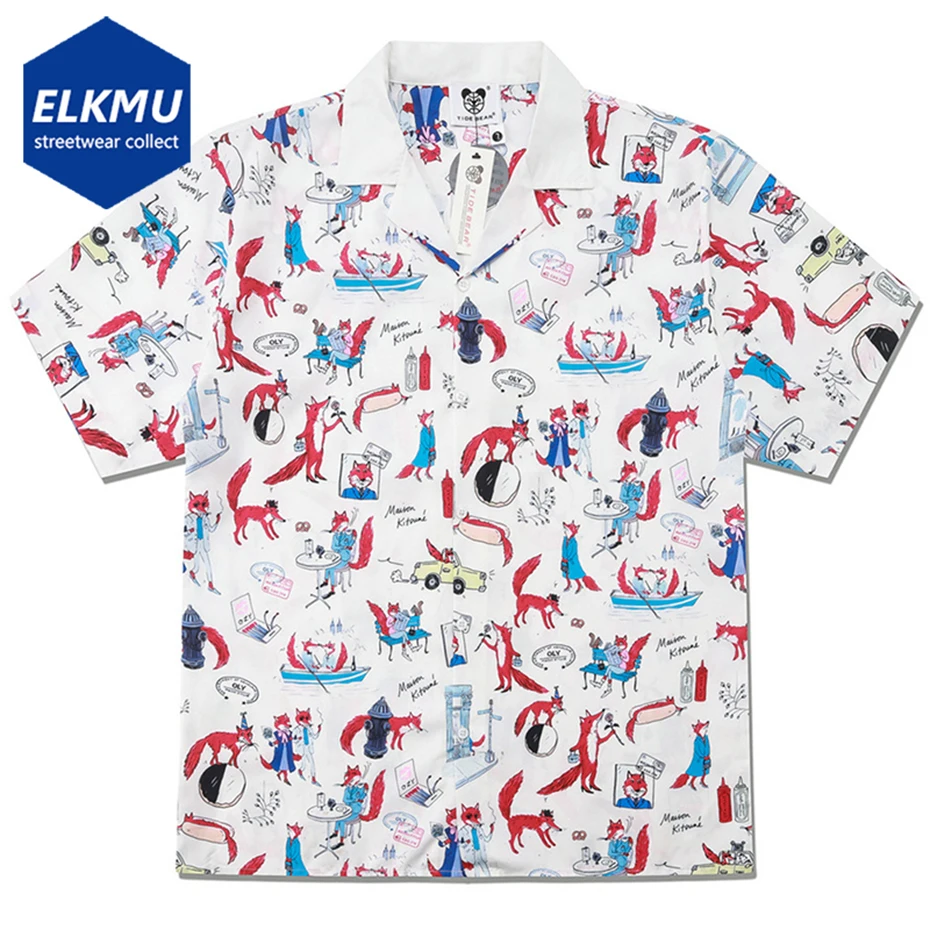 

Fox Graphic Shirts Summer Vintage Loose Short Sleeve Shirts Button Up Blouse Streetwear Harajuku Hip Hop Oversized Shirts