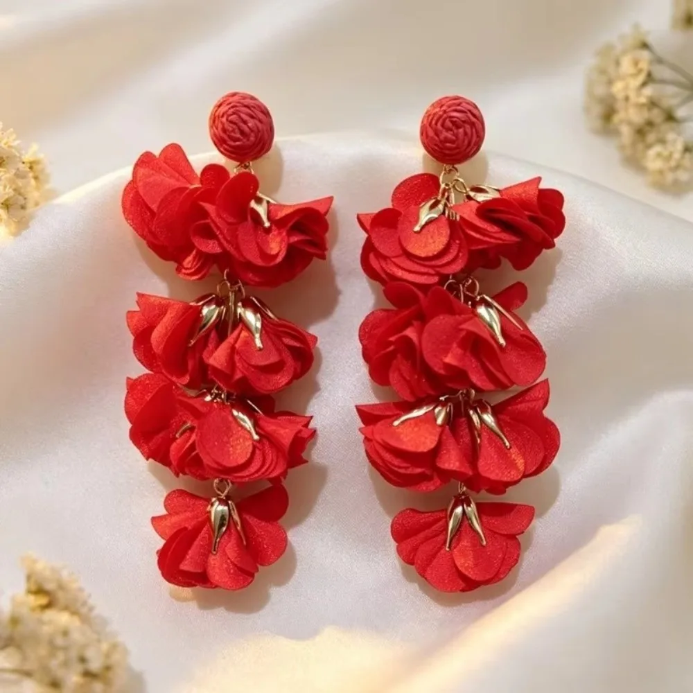 Ethnic Style Tassel Earrings Colorful Design Exaggerated Style Flower Earrings Tassel Detail Clip On Closure