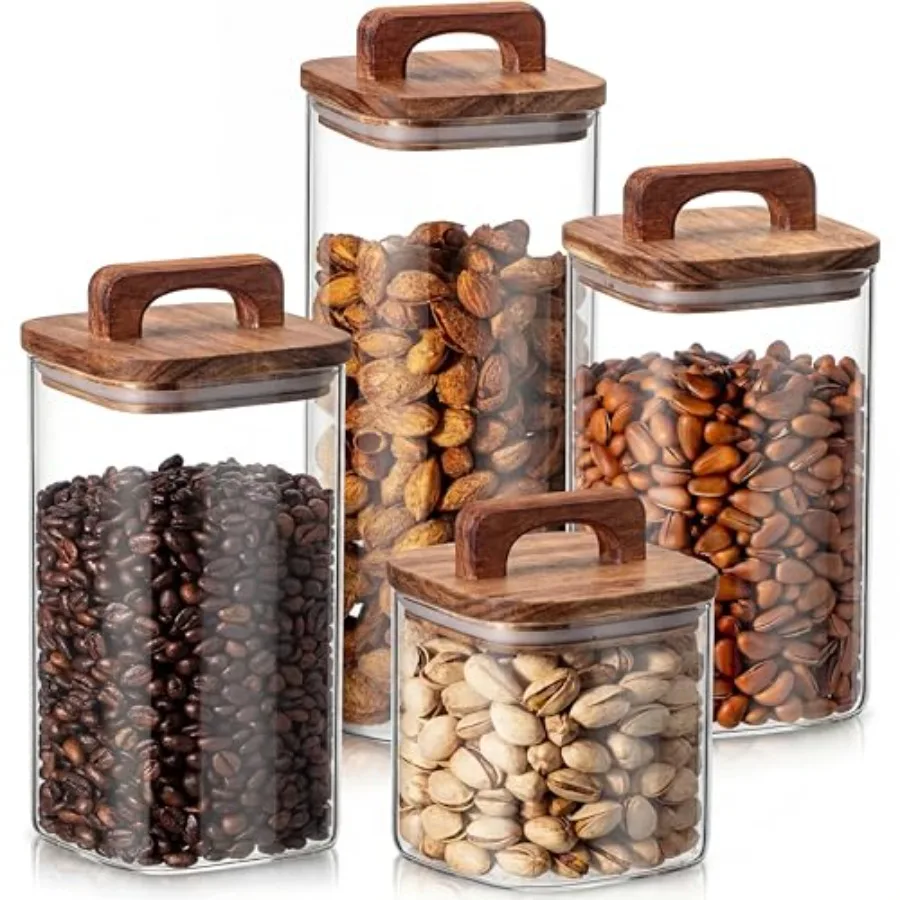 

Набор из 4 стеклянных банок для хранения продуктов с герметичными деревянными крышками, контейнеры для конфет, печенья, риса, сахара, с маркером и наклейками