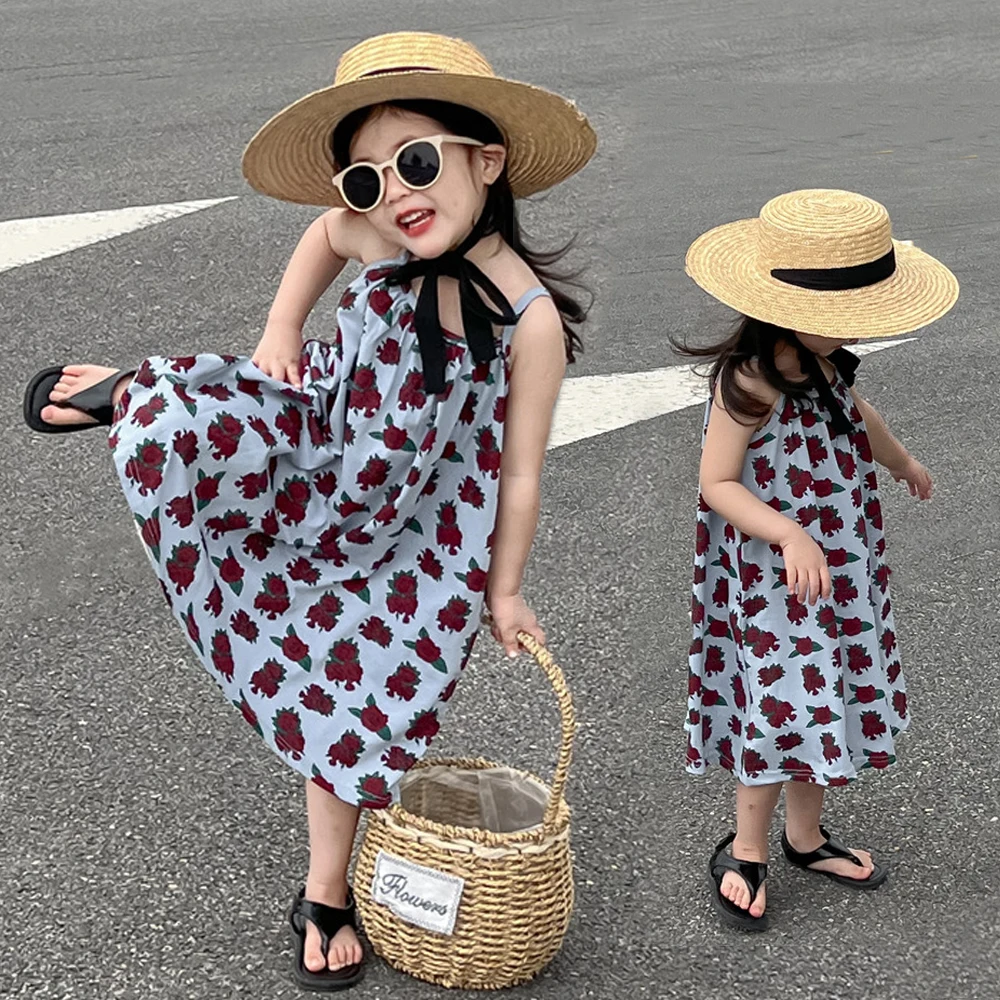 Rose flower Printed sleeveless dress For 2-9 yrs Baby Girls Knitted loose beach dress Basic casual party princess dress 2026 New