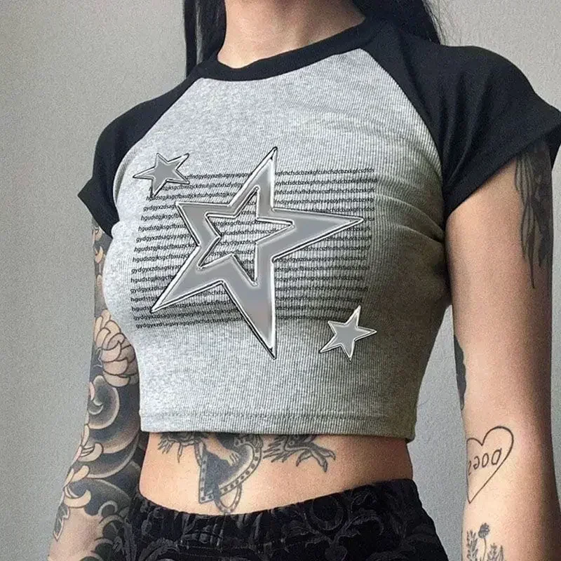 2024 Contrast Color Retro XINGX New Print Short-Sleeved T-shirt Raglan Slim Thread Short Hot Girl Cool Top