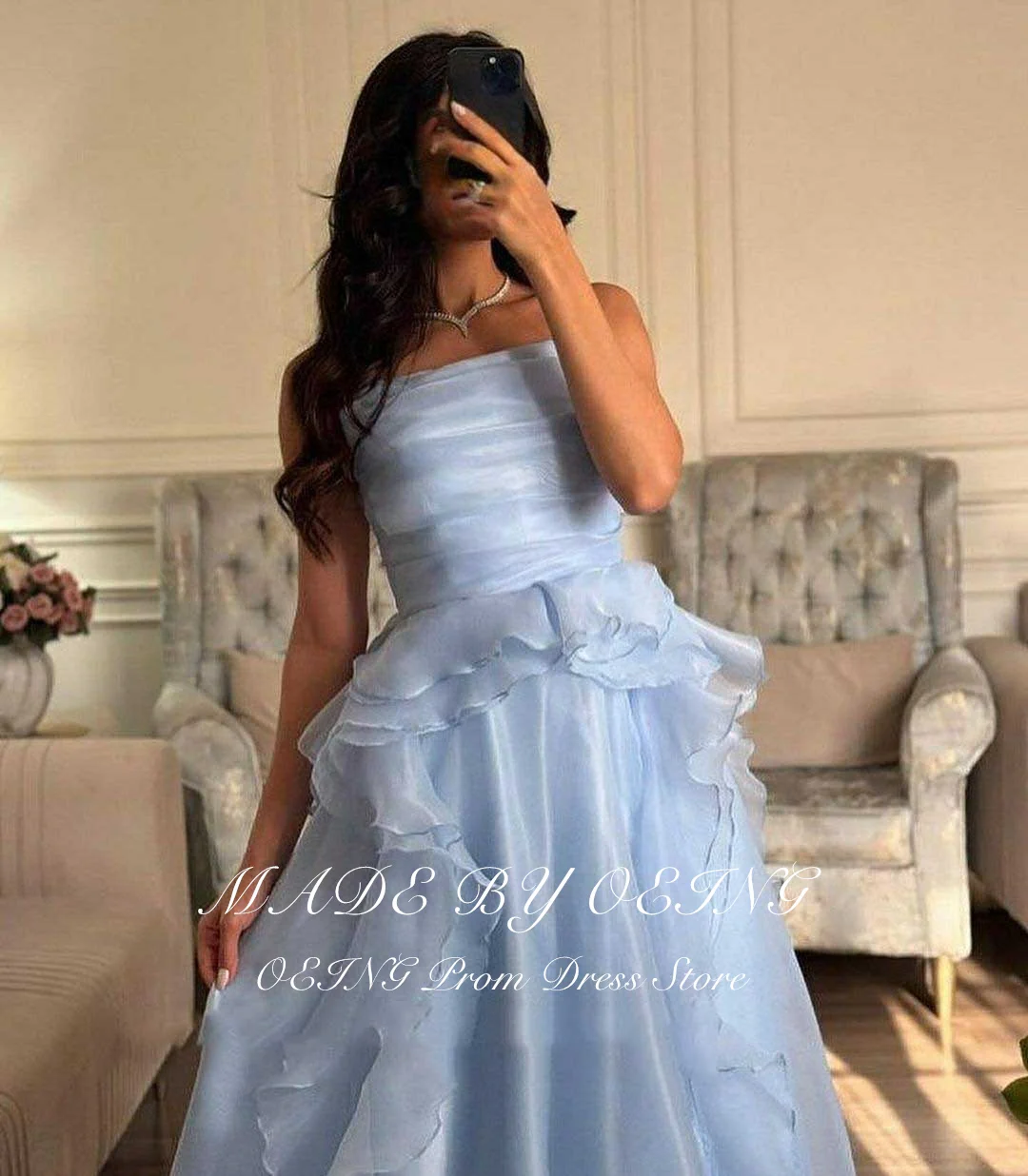 OEING Elegant Sky Blue Strapeless Prom Dresses Tiered Pleated Evening Gowns Floor Length Formal Occasion Dress Vestidos De Noche