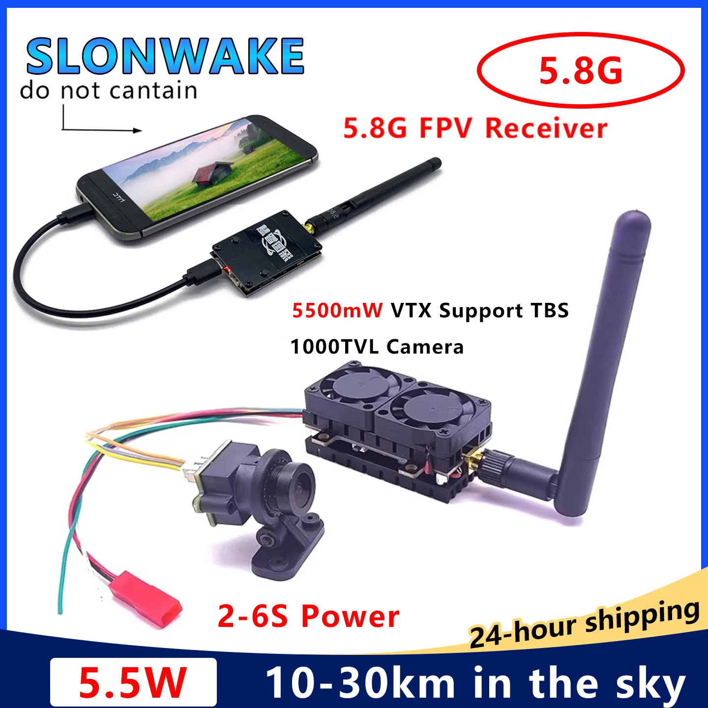 SLONWAKE Long Range FPV Suit 5.8G 5.5W adjustable Transmitter and 1000TVL Camera +  UVC Receiver OTG  Build-in for FPV Drone