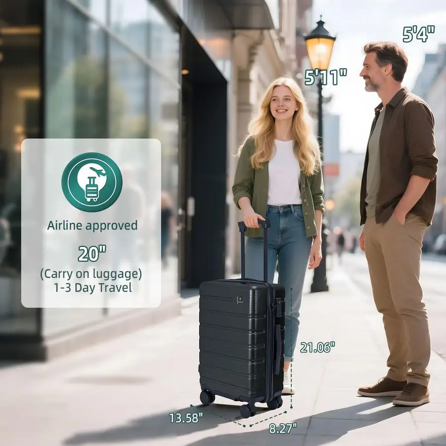 荷物、PC対応ハードシェルスーツケース 22x14x9 インチ 機内持ち込み可能 TSAロック YKKジッパー ダブルスピナーホイール 軽量 旅行用 Mサイズ