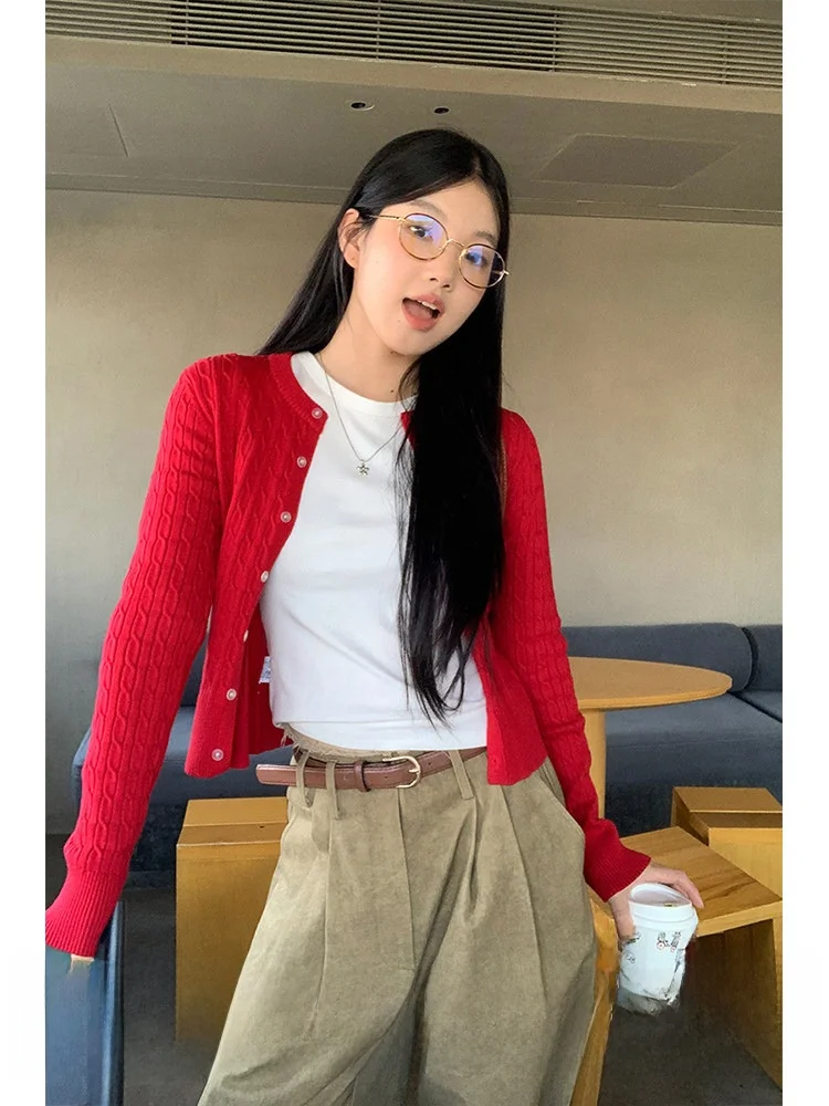 

Красный вязаный кардиган для женщин, новинка весенней коллекции, с длинным рукавом, базовая модель, элегантный повседневный свитер