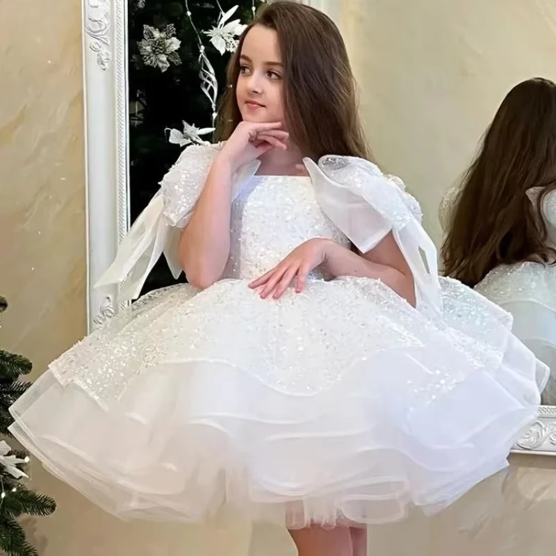 Lace Flower GirlOutfits Luxury Sequined Fluffy Grand Event Kids Clothes Dresses Matching Baby Birthday Party Princess