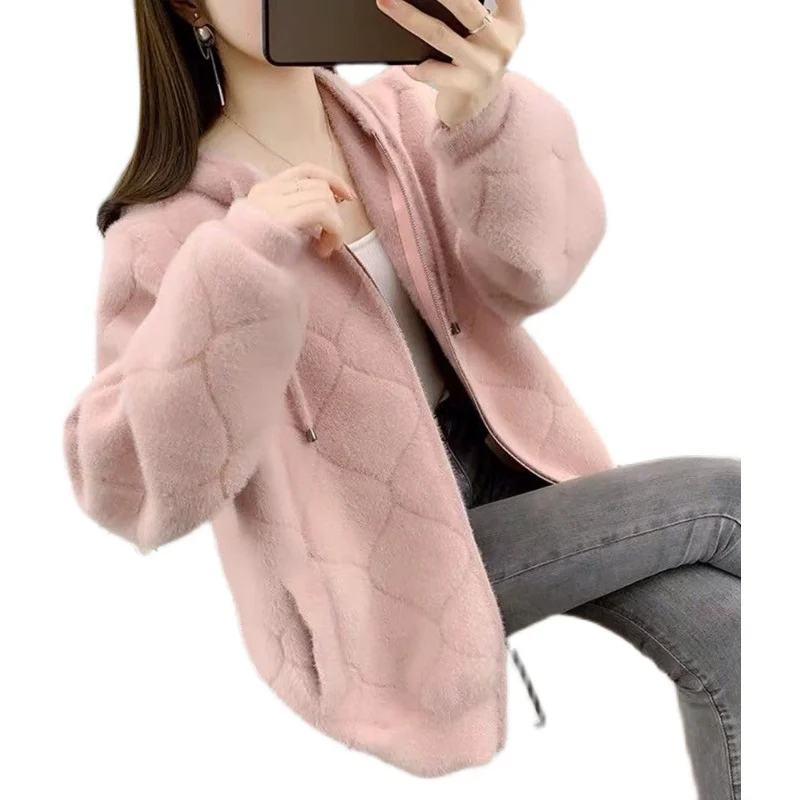 Mink Fleece Sweater Coat Korean Thick Short Knit Cardigan Women\'s Outerwear Casual Loose Plush Fluffy Pink Jacket Overcoat