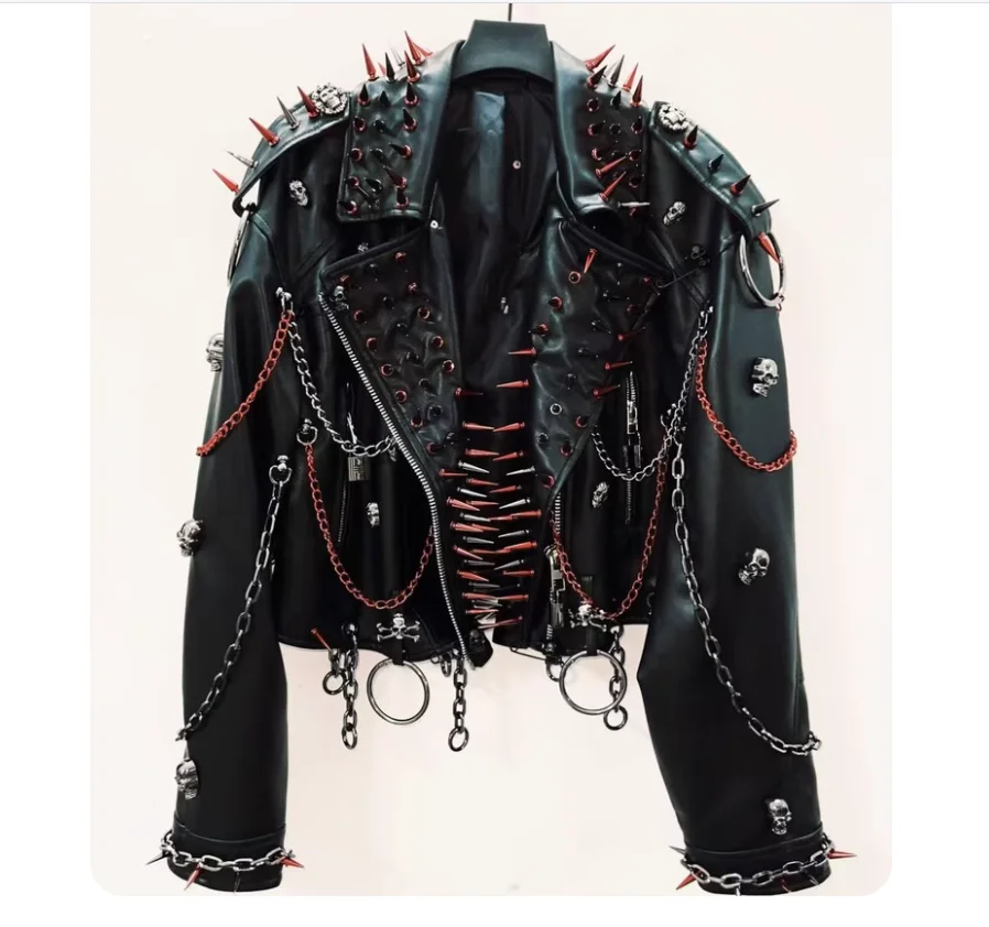 Punk Rock Heavy Industries Leather Jacket Dark Rivet Chain Skull Coat