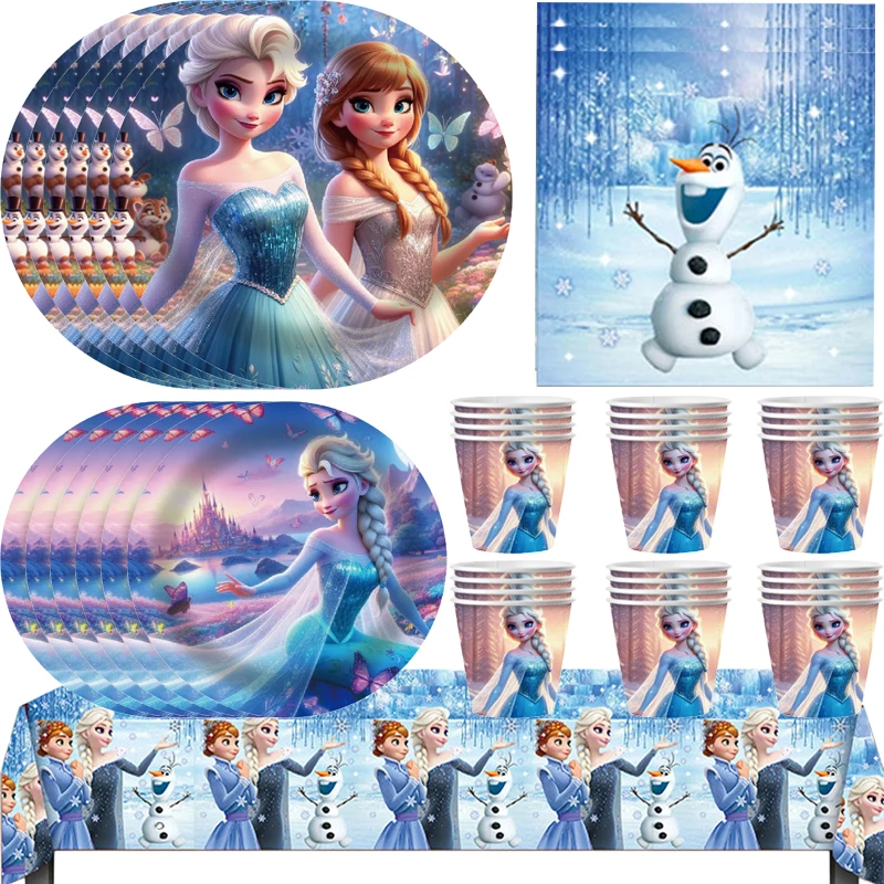 Disney Elsa Anna Frozen Party Supplies Paper Cups Paper Plate Tablecloths Kids Girls Snow Queen Birthday Party Decoration Set