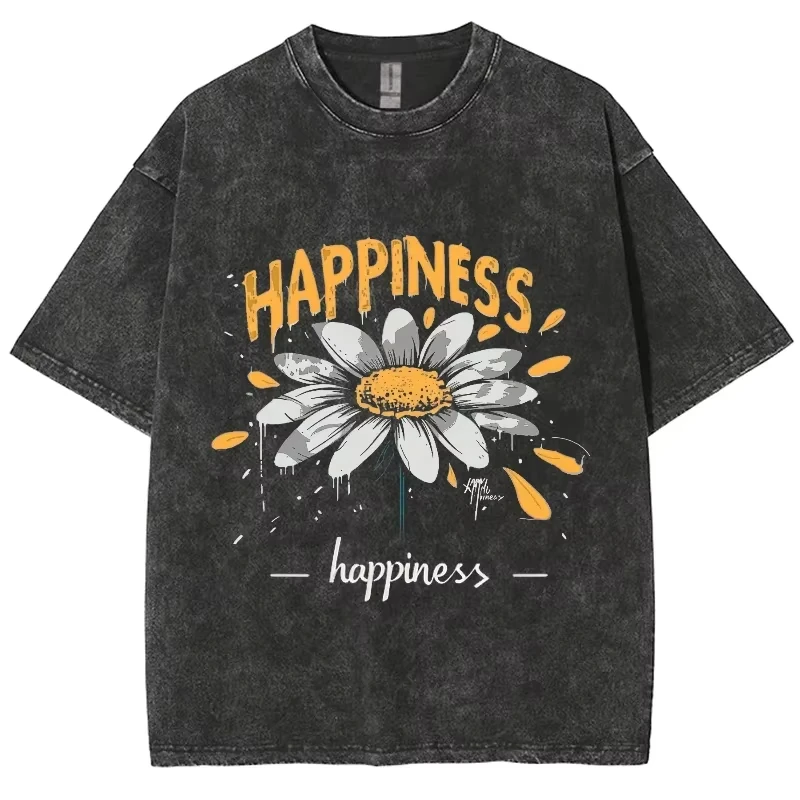 Yellow Cartoon Little Daisy Print Ladies T-Shirt Loose Wash Oversized Short Sleeve American Vintage Street Top Casual Tee
