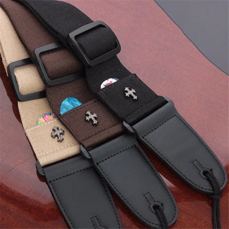 Electric Acoustic Folk Guitar Strap - Vintage Cross Personality Guitarra Belt with Pick Pocket, Guitar Accessories