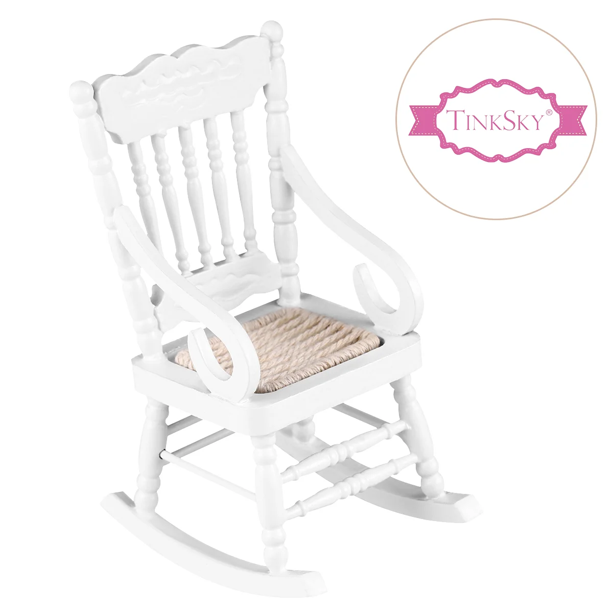 Tinksky 1/12 mecedora de madera en miniatura, modelo de muebles en miniatura, modelo de decoración, juguete para niños (blanco)