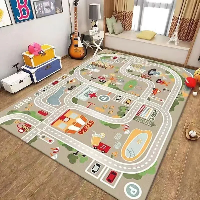 VIKAMA Crystal Velvet Carpet Children\'s Anti-Fall Mat Urban Traffic Scene Map Game Toy Blanket Road Track Parking Lot Mat