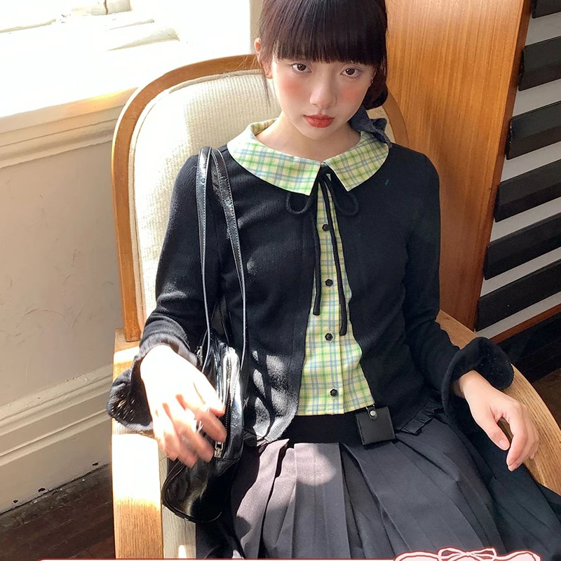 

MEXZT Y2K Plaid Knitted Cardigan Women Harajuku Cropped Patchwork Sweater Outerwears Vintage Lace Up Knitwears Winter Jumpers