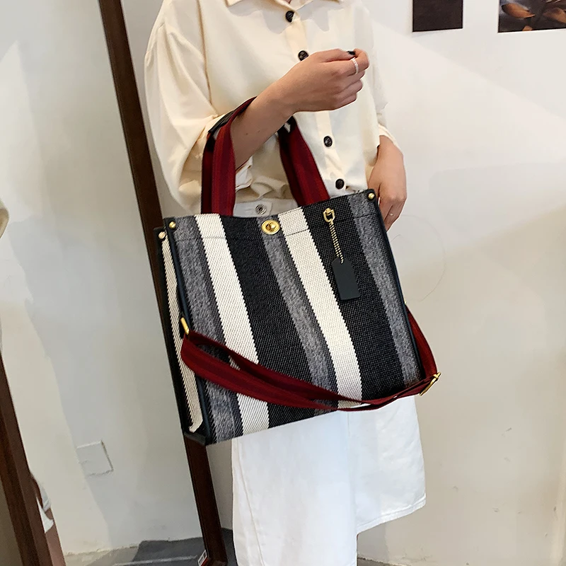 Quality Canvas Tote Bag For Women 2022 Luxury Designer Handbag Large Capacity Stripe Shoulder Bags Big Shopper Totes Bolso Mujer