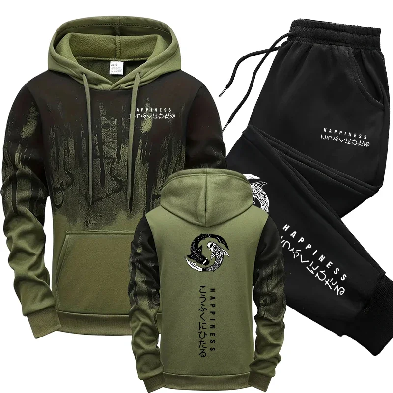 اليابانية موضة الرجال رياضية هوديس Sweatpants 2 قطعة مجموعة الخريف والشتاء اليومية عادية رياضي بدلة عدو الاتجاه الحضري وتتسابق