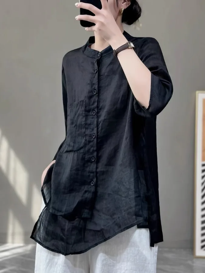 Künstlerische Sle Asymmetrische Loose Fit Damen Irt Baumwolle Leinen Material Sommer Vintage Kragen f Sve Unregelmäßiges Top