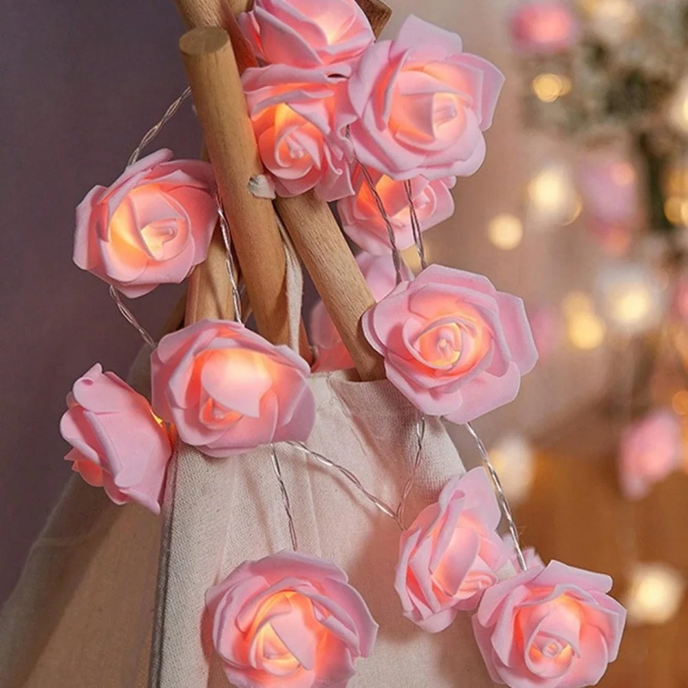 1PC 1.5M10LED/3M20LED Artificial Rose String Light, Powered by AA Batteries (Excl), Used for Room and Valentine's Day Decoration