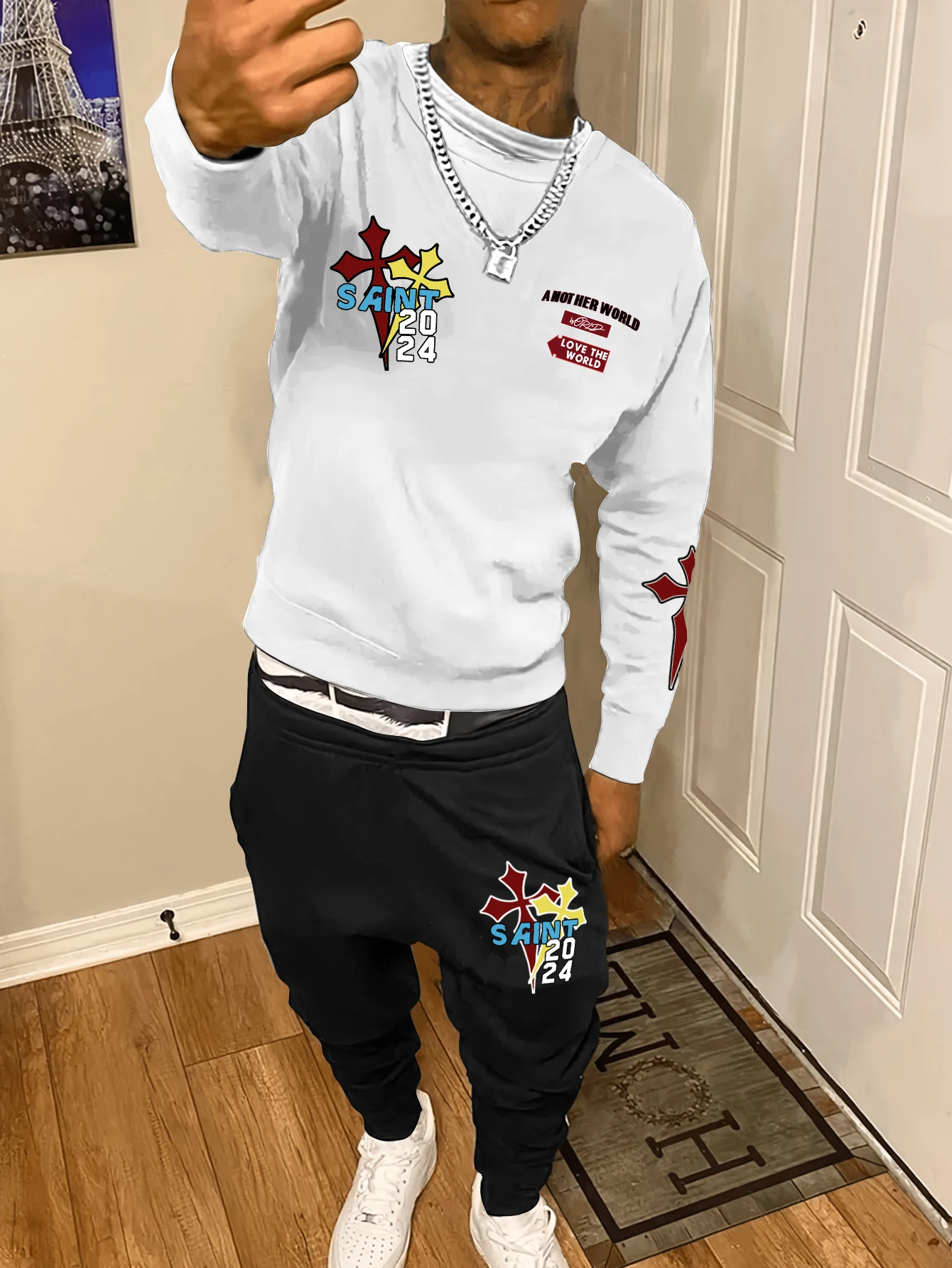 

Trendy Men New Sweatshirt Sweatpants Set Autumn and Winter Loose Casual Printed Fit Hundred Long Sleeve Sweatshirt Set