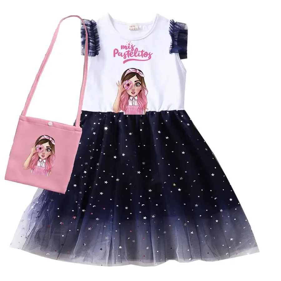 Ropa para niñas, vestidos de princesa de verano, vestido con estampado de Mis Pastelitos y mangas acampanadas, vestidos de tutú de fiesta para niñas, ropa para niños
