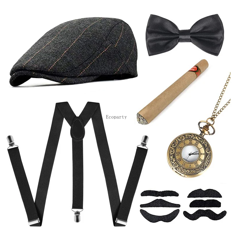 Ecoparty 1920s męskie wielkie Gatsby zestaw akcesoriów 6 sztuk czarny biały szary niebieski ryczący 20s 30s Retro Gangster kostium krawat kapelusz